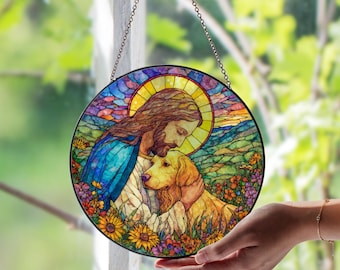 Custom Jesus Christ Hugging Gray Icelandic Sheepdog Dog Stained