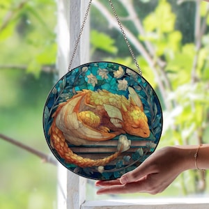 Dragon Resting On Book Stained Glass Window Suncatcher – Fantasy Library Decor Panel | Bookish Dragon Art | Unique Gift for Readers