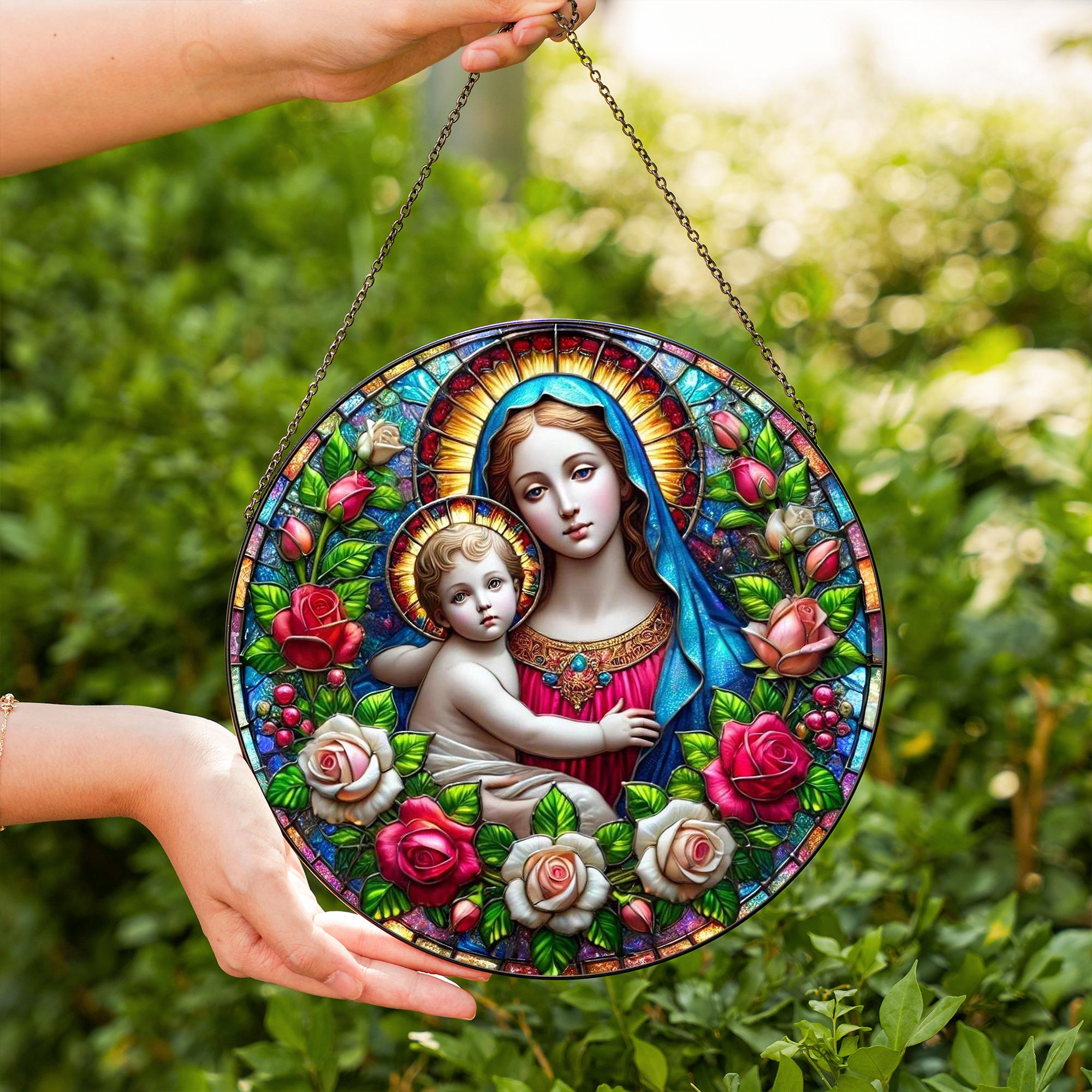 聖母マリアのステンドグラスサンキャッチャー – 神聖な宗教ガラス