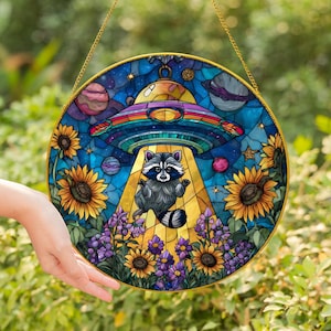 UFO Abduction Raccoon Stained Glass Window Suncatcher, Funny Alien Hanging Decor, Sci Fi Gift, Quirky Home Ornament Art Piece-  Golden Frame