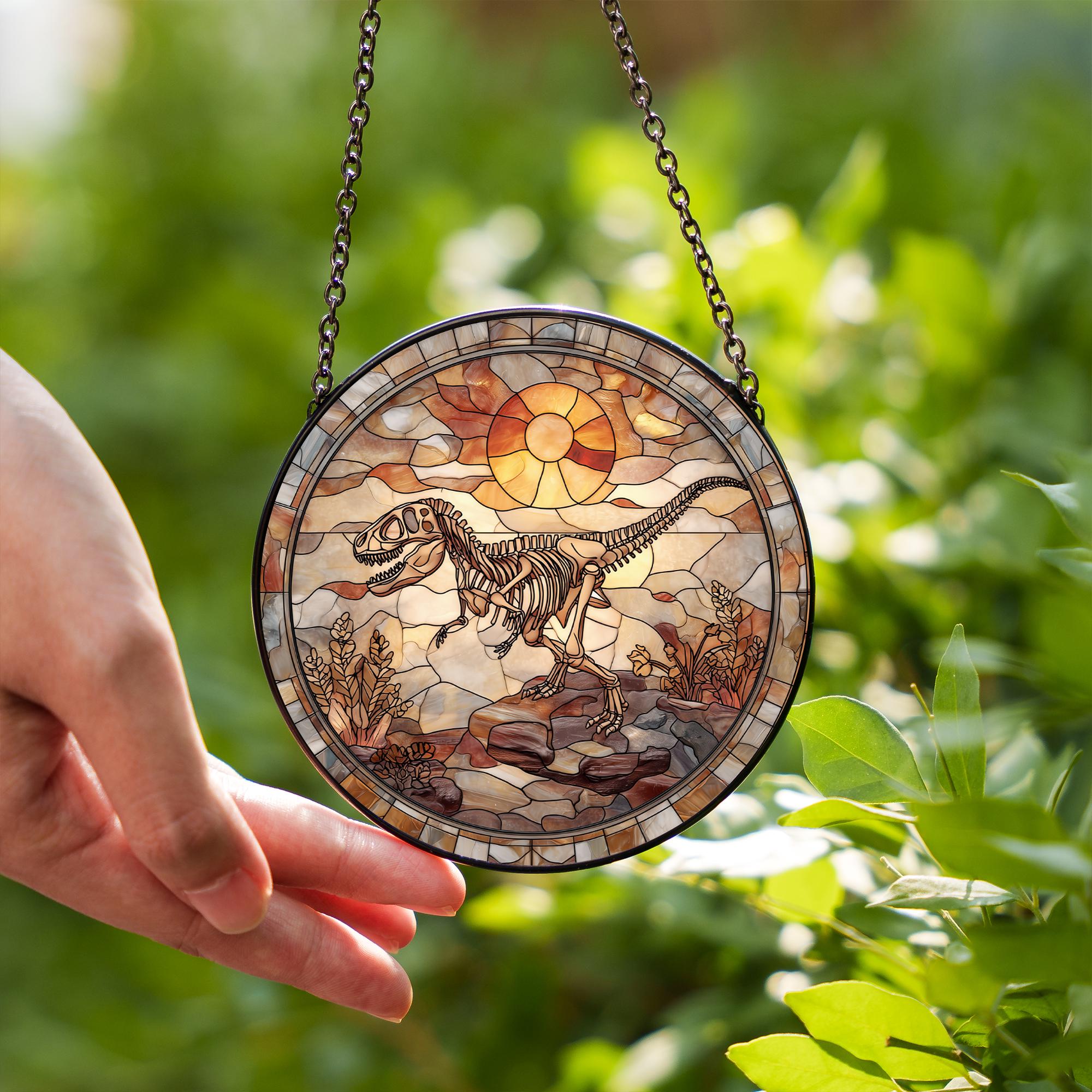 Dinosaur Skeleton Stained Glass Window Suncatcher – Prehistoric Fossil ...
