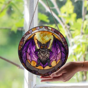 Black Purple Bat Halloween Stained Glass Window Suncatcher | Spooky Gothic Decor | Unique Bat Art Panel | Haunted Home Accent Gift Idea