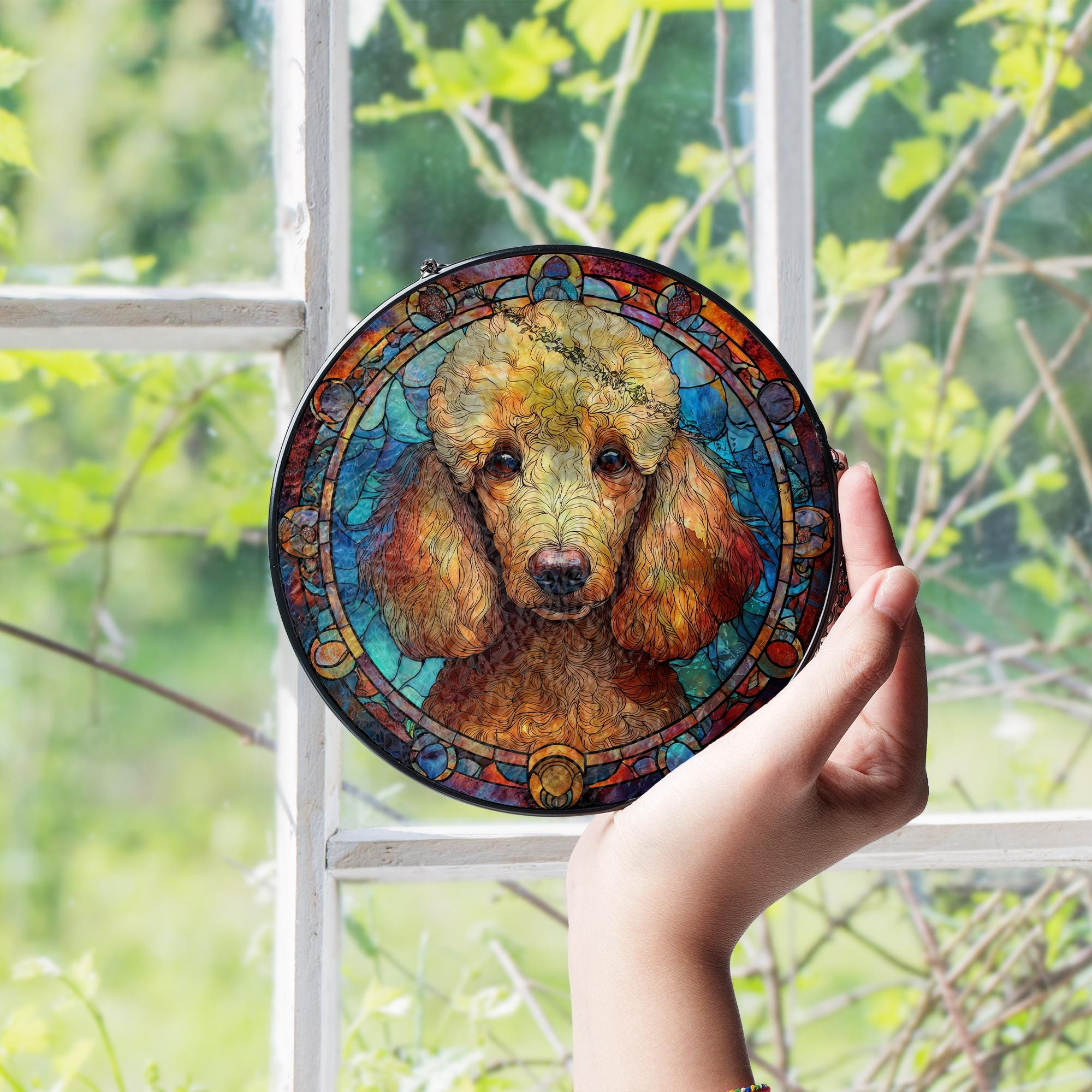 プードルのステンドグラスサンキャッチャー – 犬好きの方への