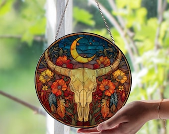 Longhorn Skull Stained Glass Window Suncatcher, Western Decor, Cowboy Rustic Glass Art, Southwestern Window Hanging, Desert Skull Gift