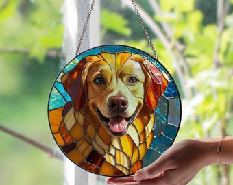ゴールデンレトリバーのステンドグラスパネル – 鮮やかな犬のアートで