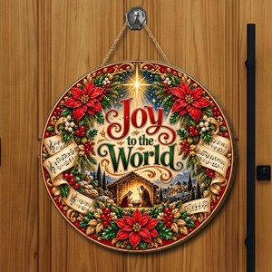 Panneau vintage en bois « Joie au monde », crèche et couronne de poinsettias, décoration de porte de Noël, cadeau souvenir