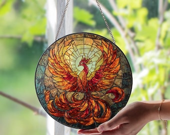 Phoenix Stained Glass Window Suncatcher – Mythical Firebird Glass Sun Catcher, Unique Fantasy Window Art for Home, Spiritual, Gothic Décor