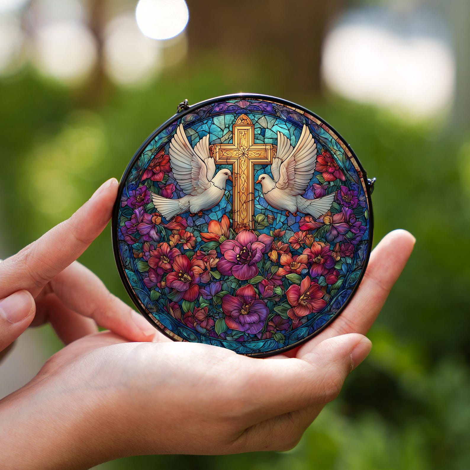 Christian Cross and Doves Stained Glass Window Suncatcher – Peaceful ...