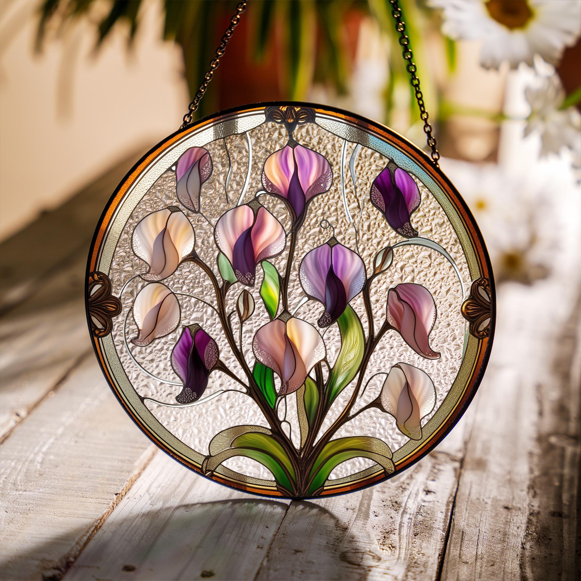 スイートピーのステンドグラスサンキャッチャー – 繊細な花のガラス