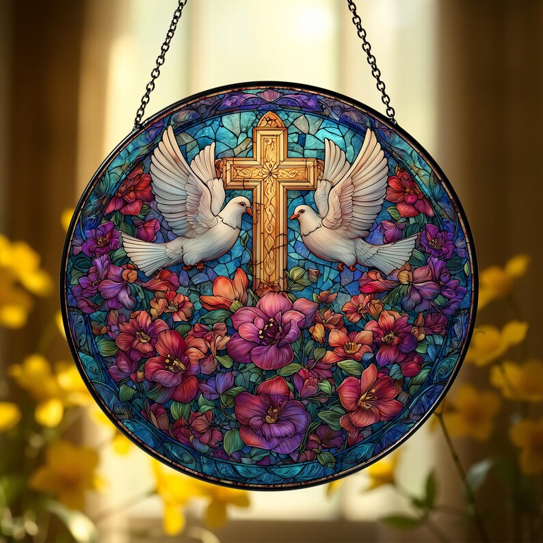 Christian Cross and Doves Stained Glass Window Suncatcher – Peaceful ...