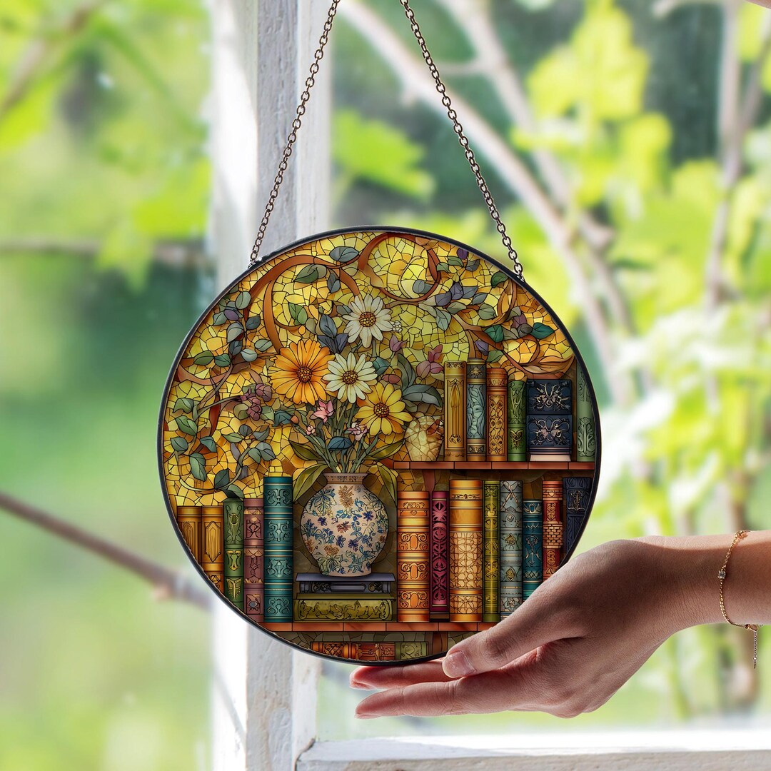 Bookshelf Stained Glass Window Suncatcher – Cozy Library Decor Panel ...