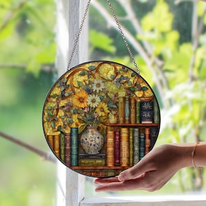 Bookshelf Stained Glass Window Suncatcher – Cozy Library Decor Panel | Book Lover Art | Unique Gift for Readers & Home Libraries