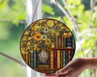 Bookshelf Stained Glass Window Suncatcher – Cozy Library Decor Panel | Book Lover Art | Unique Gift for Readers & Home Libraries