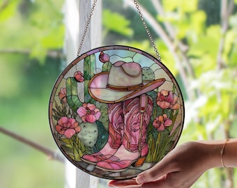 Pink Cowgirl Boots and Hat Stained Glass Window Suncatcher, Western Cowgirl Decor, Country Girl Room Accent, Rustic Farmhouse Glass Art Gift