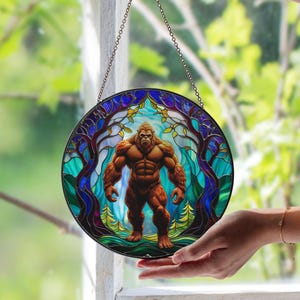 Sasquatch Stained Glass Suncatcher – Bigfoot Forest Creature Window Art | Mythical Wilderness Decor | Unique Gift for Cryptid Fans