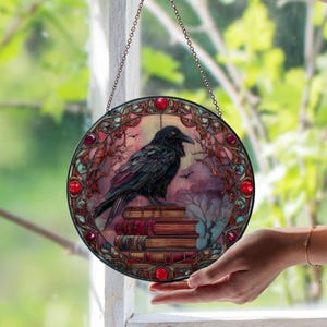 Gothic Raven on Books Stained Glass Window Suncatcher – Dark Academia Decor Panel | Mysterious Literary Gift | Unique Gothic Home Accent