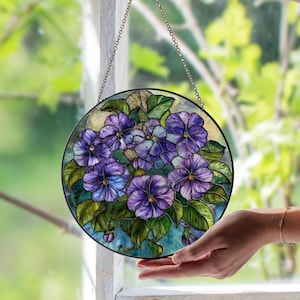 February Birth Flower Violet Stained Glass Window Suncatcher – Unique Floral Glass Sun Catcher, Birthday Month Window Art Gift for Home