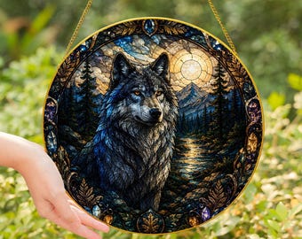 Majestic Wolf Stained Glass Window Suncatcher, Wildlife Forest Hanging Decor, Nature Lover Home Ornament Art Piece - Golden Frame