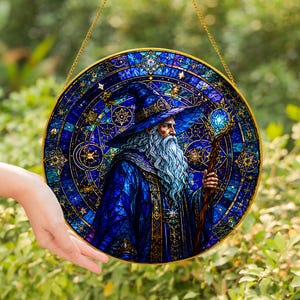 Blue Wizard Stained Glass Window Suncatcher, Fantasy Magic Decor, Enchanted Sorcerer Gift, Mystical Window Hanging Art - Golden Frame