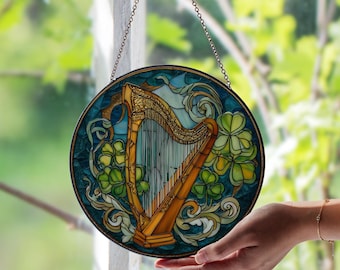 Irische Harfe Glasmalerei-Fenster Suncatcher - keltische Musik-Kunst-Tafel | Irisches Erbdekor | Einzigartiges Geschenk für Musiker und Fans der irischen Kultur