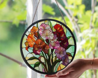 Gladiolus August Birth Month Stained Glass Suncatcher – Handmade Floral Glass Art | Unique Gladiolus Gift | Lovely Suncatcher Set Decor