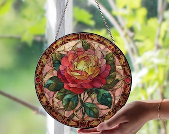 手作りのステンドグラスのフリーフォームの白いバラのサンキャッチャー