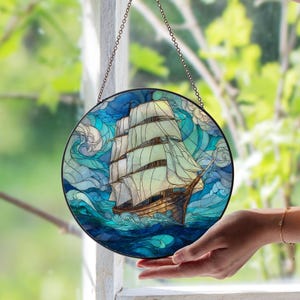 Sailing Ship Ocean Waves Stained Glass Suncatcher – Nautical Decor | Vintage Boat Window Art | Ocean Lover Gift | Coastal Home Accent