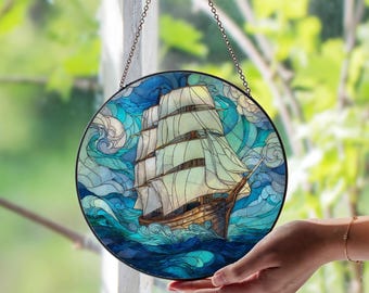 ステンドグラスの帆船の窓飾り：手作りの航海装飾 - Etsy 日本