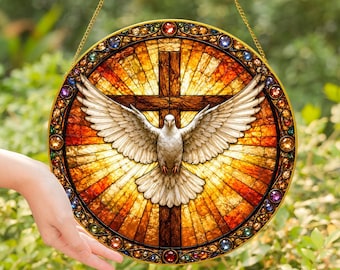 Holy Spirit Cross Dove Stained Glass Window Suncatcher, Christian Faith Hanging Decor, Religious Home Ornament Art Piece - Golden Frame
