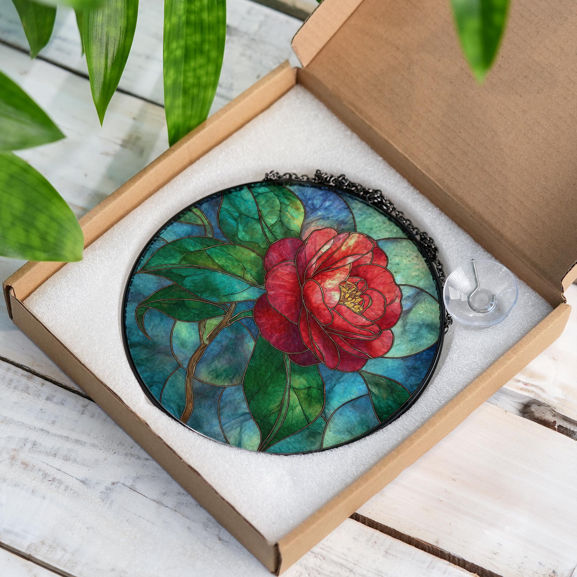 椿の花のステンドグラス窓用サンキャッチャー | エレガントな花柄