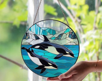 シャチのステンドグラスサンキャッチャー：海のアート窓飾り - Etsy 日本