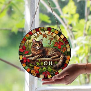 Cat Flower Stained Glass Suncatcher | Whimsical Kitty Floral Window Decor | Colorful Hanging Glass Ornament | Cat Lover Gift for Home Decor