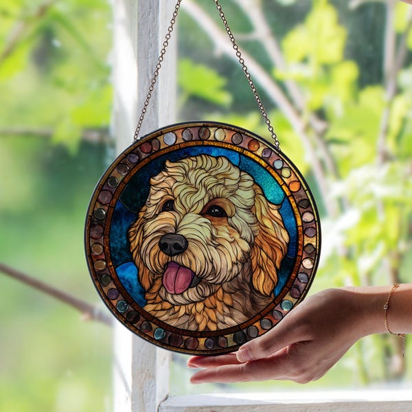 Goldendoodle Stained Glass Window Suncatcher – Goldendoodle Dog Breed Glass Remembrance, Unique Pet Memorial Window Art Gift for Dog Lovers