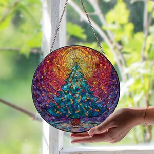カラフルなクリスマスツリーのステンドグラス窓パネル - 楽しい