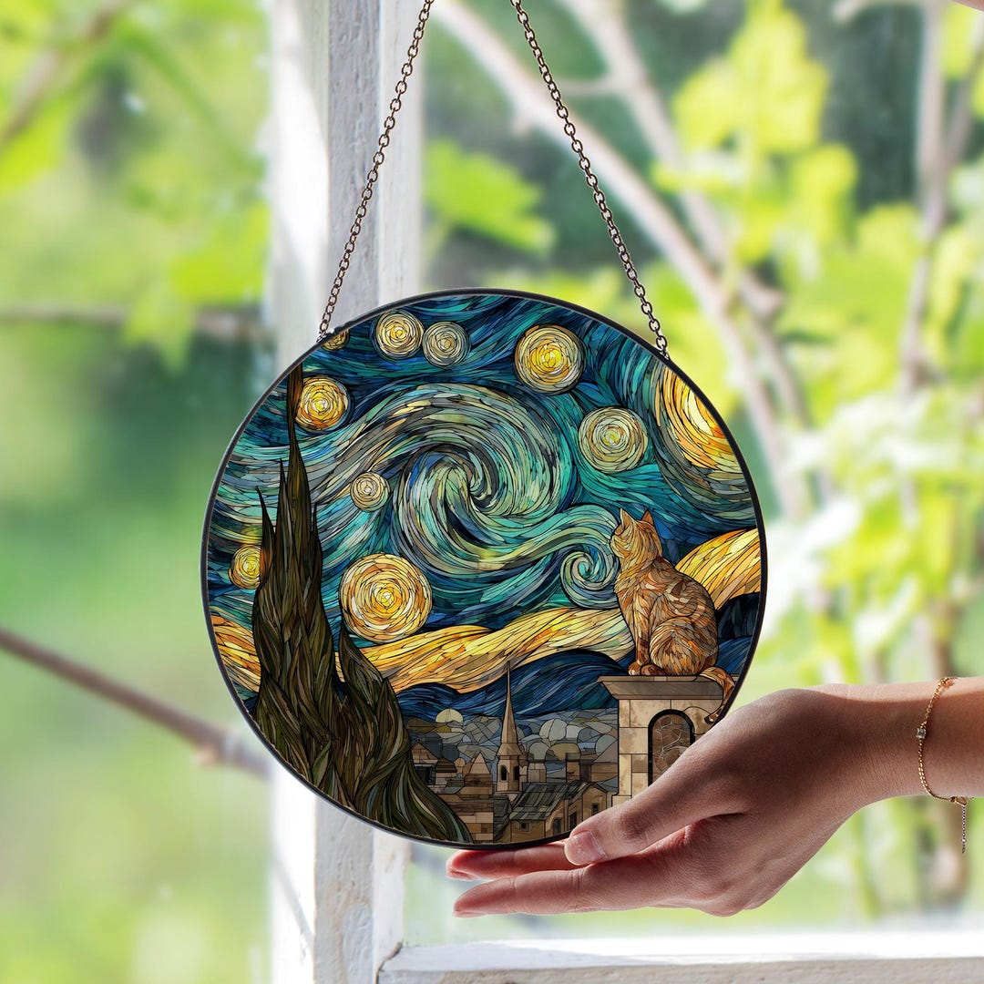 Starry Night Cat Stained Glass Window Suncatcher – Whimsical Celestial ...
