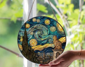 Starry Night Cat Stained Glass Window Suncatcher – Whimsical Celestial Feline Art Panel | Unique Gift for Cat & Night Sky Lovers