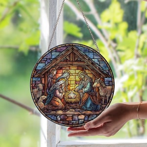 Jesus Birth Nativity Scene Stained Glass Window Suncatcher – Christian Holiday Decor | Christmas Manger Art | Unique Faith-Based Gift Idea