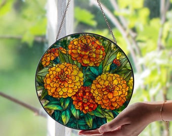 ステンドグラスのマリーゴールドサンキャッチャー：手作りの花飾り窓