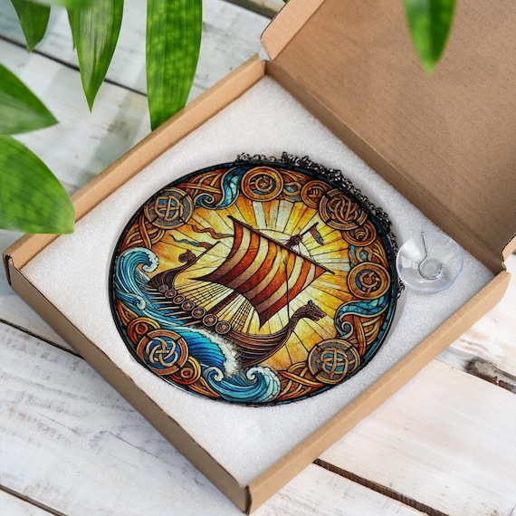 Viking Longboat Stained Glass Window Suncatcher – Norse Ship Art