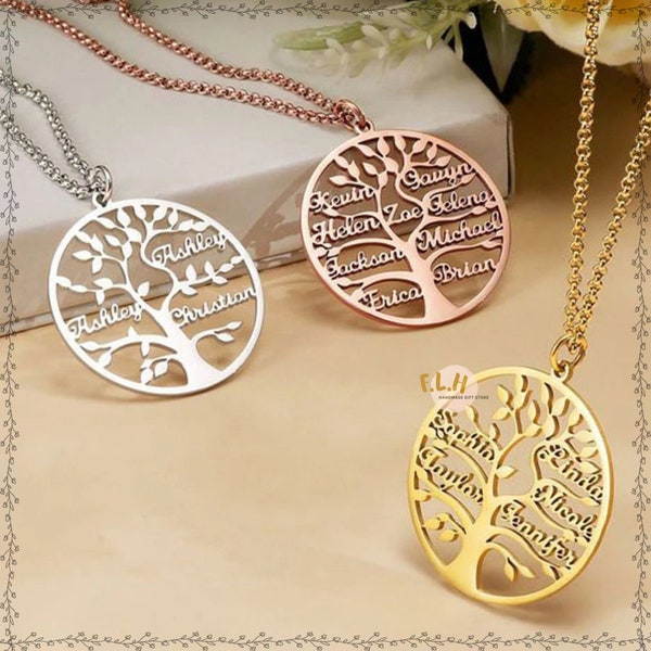 Family Tree Personalized Name Necklace, Engraved Family Name Necklace, Tree of Life Necklace, Custom Tree Of Life Name Jewelry, Gift For Mom