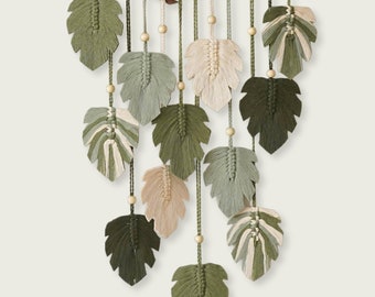 Macrame Garland Photo Hanger Green Leaves, Wall Art, Boho Home Decor, Mid Century Modern, Living Room Wall Decor, Gift For Her, Unique Gift