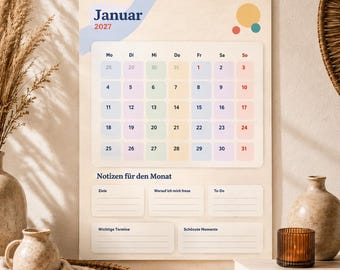 Agenda mensuel, calendrier 2027, format A4/A3, calendrier mural, coloré | Calendrier avec notes | Agenda annuel, cadeau idéal pour le bureau, la famille, les rendez-vous, les objectifs, les notes et les listes de choses à faire