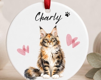 Personalized Cat Pet Ornament Watercolor, Ceramic Ornament with Photo Name & Custom Text, Gift for Cat Lovers