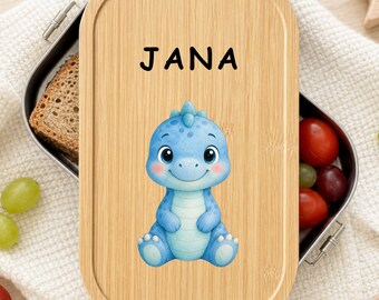 Personalized Kids Lunch Box with Name, Stainless Steel Snack Box with Bamboo Lid, Watercolor Animal Design, School Gift
