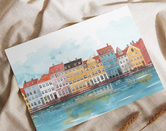 Copenhagen Poster | Denmark Wall Art, Nyhavn Harbour and Scandinavian Skyline | Art Print with Optional Wood Frame | Illustration