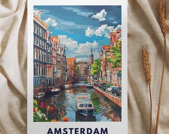 Amsterdam Poster | Netherlands Travel Poster | Canals & Bridges Amsterdam | Illustrated Amsterdam Art Print | Amsterdam Houseboats