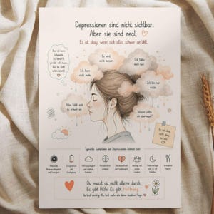 May include: A poster featuring a profile illustration of a person surrounded by watercolor clouds containing German text. The design includes icons representing symptoms of depression, heart symbols, and encouraging phrases in German script.