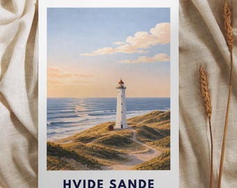 Hvide Sande Poster | Lyngvig Fyr Lighthouse | North Sea Dunes Wall Art | Denmark Coast | Scandinavian Travel Poster | Minimal Art Print