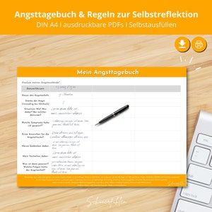 Peut inclure: Un journal d'auto-réflexion A4 imprimable en allemand, intitulé "Mein Angsttagebuch". Il comprend des invites pour l'analyse de l'anxiété, un stylo et un clavier sur une surface en bois.