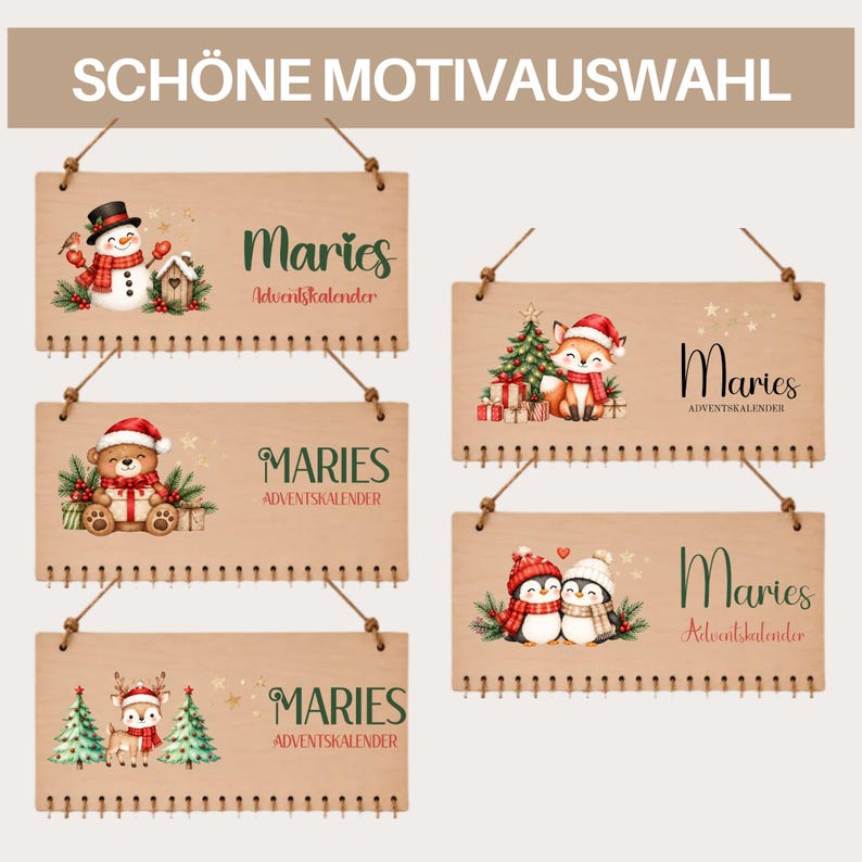 May include: Five rectangular wooden hanging signs with brown string, each featuring a unique Christmas illustration of a snowman, bear, reindeer, fox, or penguins, and the text Maries Adventskalender in green and red script or serif fonts.